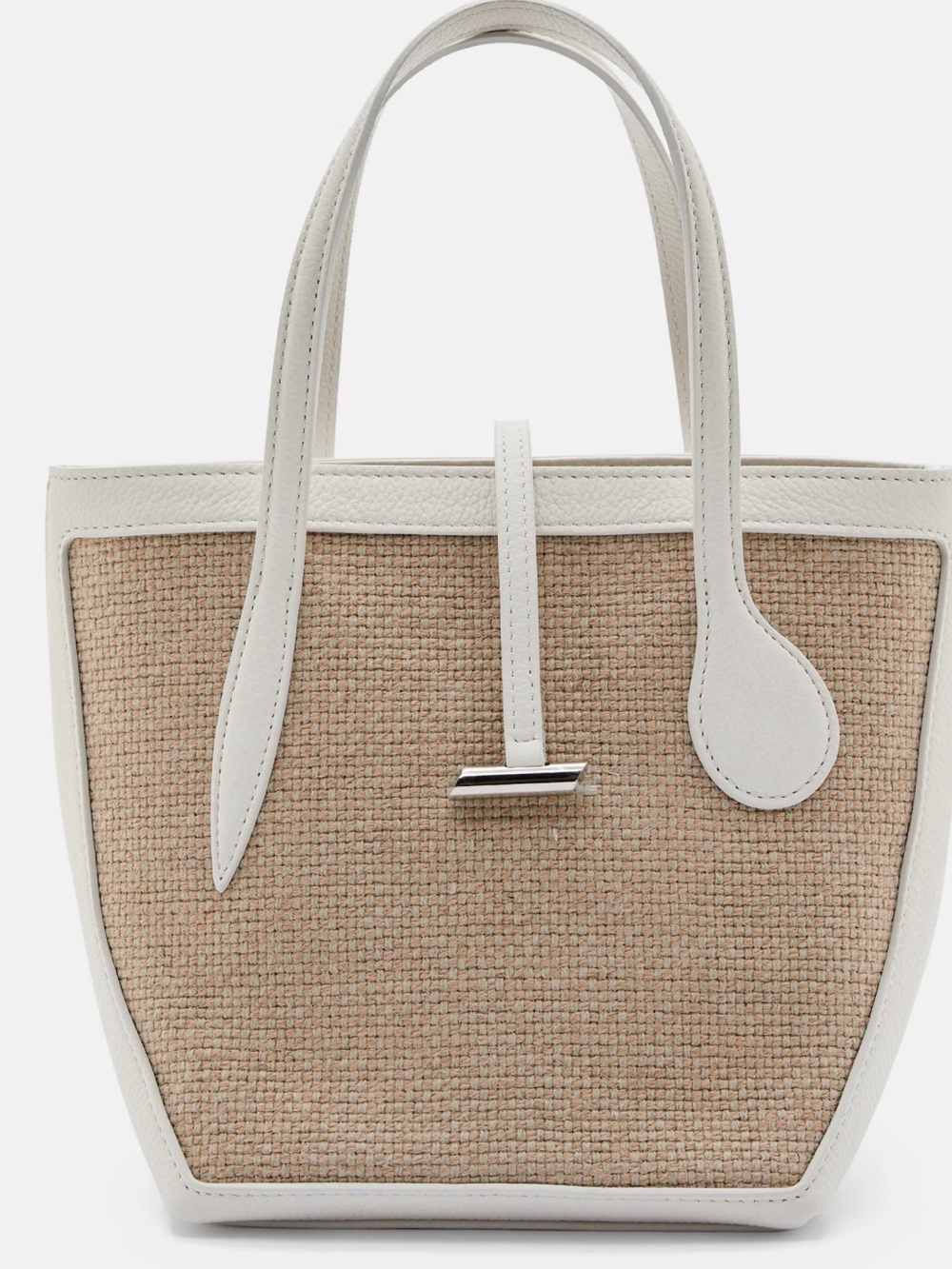 White Trim Tan Raffia Woven Tote Bag